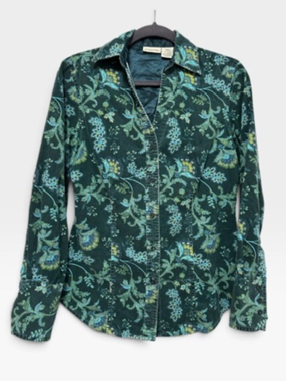 St Johns Bay Teal Green Paisley Baby Wale Corduroy Button Up Shirt Small Vintage